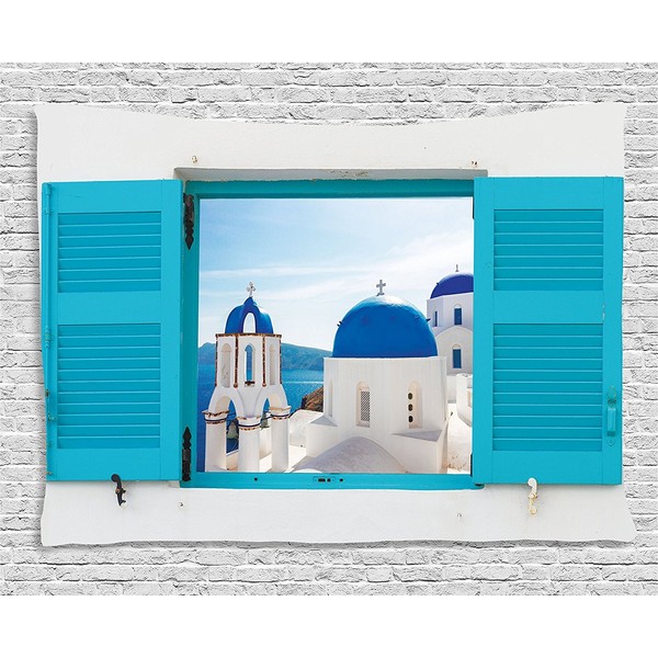 Ambesonne Landscape Tapestry, Window View of Classical Building Domes Oia