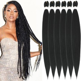 Xusuperb Pre Stretched Braiding Hair #1B Black 30 Inch Easy Braids Extensions Black Synthetic Hair for Braiding 6 Packs Knotless Pre-Stretched Braiding Hair Kanekalon Yaki Braiding Hair Extensions (1B)