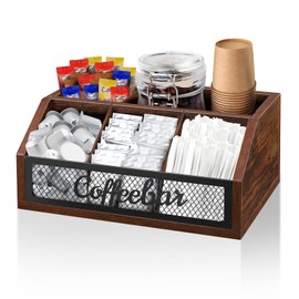 BOTOP Coffee Station Organizer for Counter, Wood Pods Holder Basket with Removable Dividers, Office Coffee Bar Accessories Decor for Syrup, Cups, Stirrer, Tea