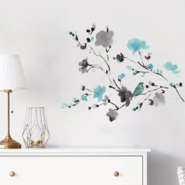 FUFUQUARE Flores Playa Pegatinas de Pared Azul Tinta China Flores Arte de Pared Pegatinas Impermeables Decoraciones para Dormitorio Sala de Estar Sofá TV Fondo