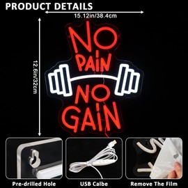 PMCVYH No Pain No Gain Neon Sign for Gym Decor, Dumbbell Led Signs for Wall Decor, USB Dimmable Neon Lights for Fitness Club Sports Room Bedroom Man Cave Party Office Business Decoration