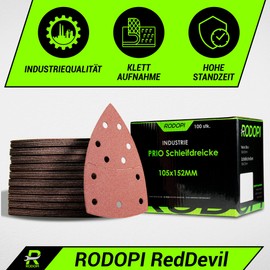 RODOPI RedDevil Sandpaper for Multi Sanders Zirconia Corundum Velcro 105 x 152 mm Delta Sanding Triangles 11 Hole for Triangle Sanders Grit 40-320 - Pack of 50 K80