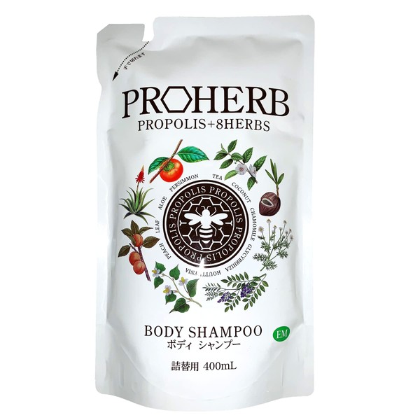Pro Herb EM Body Shampoo, Natural Herbs, Propolis, Honey, Hyaluronic Acid, Unscented, Coloring, Paraben Free, Refill, 13.5 fl oz (400 ml)