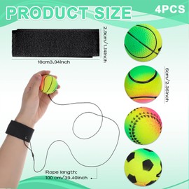 LEOINAER Pack of 4 Wrist Return Ball with String, Springball, Rubber Rebound Ball, Elastic Durable Ideal for Kids & Adults - Approx 6cm Diameter