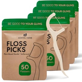Dental Herb Company Palillos De Hilo Dental Biodegradables De Origen Vegetal - Paquete De 4 (200 Piezas) - Sin Sabor, Veganos, Ecológicos