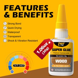 Wood Super Glue Liquid, Clear Instant Cyanoacrylate Adhesive for Wood Crafts Repair Woodworking, All Purpose CA Glue for Shoe Ceramic Plastic Leather Glass Model Metal Pottery Aquarium Porcelain Stone