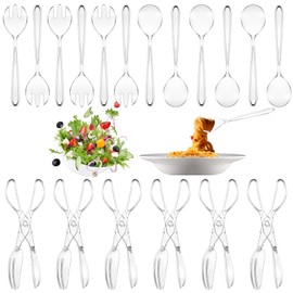 Lanties 18 Pack Plastic Serving Utensils 9" Clear Disposable Utensils Set Includes 6 Pcs Serving Spoons 6 Pcs Serving Forks 6pcs Serving Tongs for Birthday Wedding Parties Buffet Cutlery Serving Food