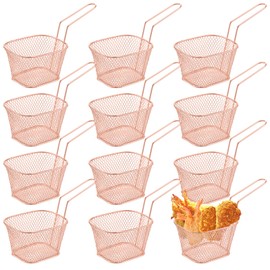 12 Pcs Mini Square Fry Basket Bulk Stainless Steel French Fry Holder Food Baskets for Serving Fryer Container with Handle Reusable Small Deep Fryer Holder for Home Kitchen Decor (Rose Gold)