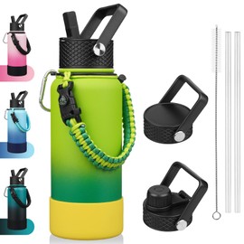 BJPKPK 32oz Insulated Water Bottles with 3 Lids, Paracord Handle & Non-slip Boot, Stainless Steel Metal Water Bottle,Reusable BPA Free Thermos, Tumblers, Bamboo Grove