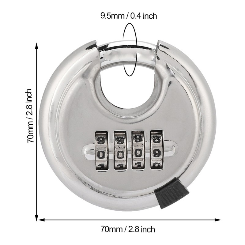 Stainless Steel Password Round Padlock Key 70mm thickened 9, 5mm