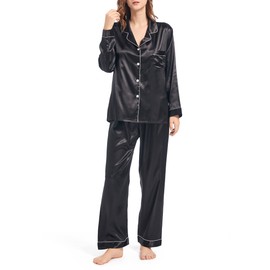 Fivali Womens Silk Satin Pajamas Long Sleeve Pj Set Two-piece Sleepwear Silky Button-down Nightwear Soft Loungewear Sets, L Black