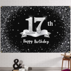 HAMIGAR 6x4ft Happy 17th Birthday Banner Backdrop - 17 Years Old Birthday Decorations Party Supplies for Girls Boys - Black Silver