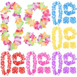 16 Pcs Hawaiian Flower Lei Hula Necklace Garland Headband Wristbands Wedding Decorations Beach Tropical Party Supplies