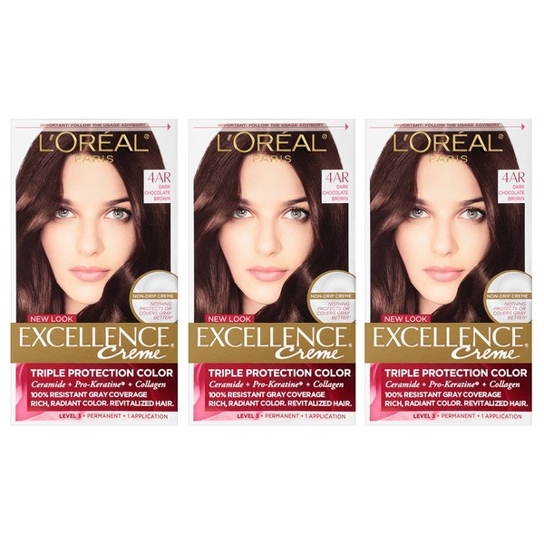 L'Oreal Paris Excellence Creme Permanent Hair Color, 4AR Dark Chocolate Brown, 100% Gray Coverage Hair Dye, Pack of 3