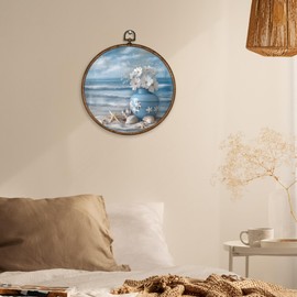 XBBMGG Beach Wall Art Decor - Coastal Starfish with White Flower Picture Round Wall Hanging Decor, Ocean Seaside Seashell Framed Canvas Prints for Living Room Bathroom Decorations, 10x10inch