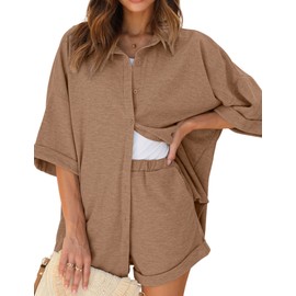 Ekouaer Waffle Knit Lounge Sets for Women Short Sleeve Pajamas Button Down Pjs Oversized Loungewear Shorts Set Brown