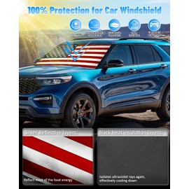 American Flag Car Windshield Sun Shade Compatible with Ford Explorer SUV 2011-2019, Foldable Reflective USA Patriotic Window Sunshade for UV Protection & Heat Reduction