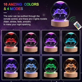 3D Crystal Ball Night Light with 16 Color 4 Modes, Upgraded Heart Shaped Glass Ball Crystal Lamp with Wooden Base, Remote Control, Home Room Bedroom Decor Birthday Gifts Mother's Day Christmas Gift