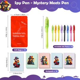 DazSpirit 16 Packs Invisible Ink Pens and Notebooks - Detective Theme, UV Light Spy Pens Party Bag Fillers for Boys and Girls, Magic Secret Message Pens for Detective Parties, Treasure Hunt