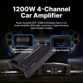 Power Acoustik RZ4-1200D 4 Channel Class D Car Audio Amplifier – Compact Car Amp with Digital Sound Processor – Full-Range Class D Car Audio Amplifier with Auto Turn-On & MOSFET Power