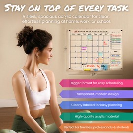 Acrylic Wall Calendar For Wall – 24” x 18” Dry Erase Calendar Board, Clear Monthly Planner for Wall with Tray, Chalk Markers, Eraser & Reusable Notes – Perfect for Home, Office, Kitchen & Classroom