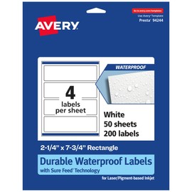 Avery Durable Waterproof Rectangle Labels, Sure Feed Technology, 2.25" x 7.75", 200 Total, Oil and Tear-Resistant Waterproof Labels, Print-to-The-Edge, Laser/Pigment-Based Inkjet Printable