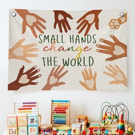 QROZIAR Inspirational Diversity Wall Decor Flags for Classroom, Equality Canvas Banner Wall Hanging Banner Decor, Small Hands Change The World Wall Flags for Nursery Playroom Teacher Homeshcool Office