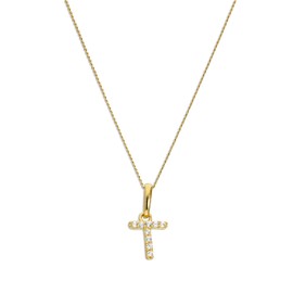 jewellerybox 9ct Gold & Clear CZ Crystal Hanging Script Alphabet Letter T Necklace 16 Inches