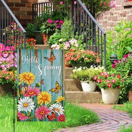 Heyfibro Hello Spring Garden Flag Spring Summer Daisy Garden Flags 12 x 18 Inch Burlap Double Sided Vertical Flower Butterfly Welcome Garden Yard Flags for Seasonal Outside Outdoor Decoration (ONLY