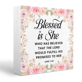 Pink Religious Gifts Christian Decor Inspirational Bible Verses Sign Scripture Wooden Box Sign Plaque Table Decorations for Home Office Bedroom Blessed is She Who has Believed