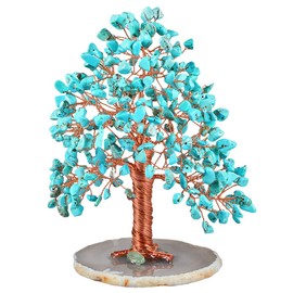 mookaitedecor Green Howlite Turquoise Crystal Tree with Agate Slice Geode Base Money Tree Desk Home Decoration for Wealth and Luck 5"-6"
