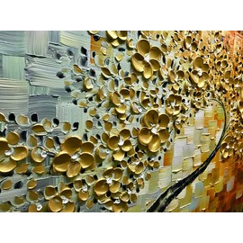 V-inspire Art,24x48 Inch Modern Hand Painted Abstract Lucky Tree Canvas Art Golden Flower 3D Oil Painting Canvas Living room bedroom dining room Wall Decoration Wood Inside Framed Ready to Hang