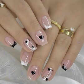 ANDGING Black French Tip Press on Nails Square Short Pink Fake Nails with Striped Hearts Design Acrylic Gel on Nails False Nails with Manicure Stick on Nail for Wedding Birthday 24Pcs DLO97