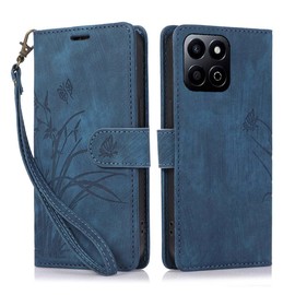 KQXG Case for Honor 200 Smart – Premium Synthetic Leather Wallet Cover, Magnetic Flip, Foldable Kickstand, Full Protection, Card Slots, Butterfly & Orchid Design -Blue