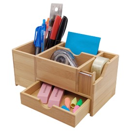 Merangue Bamboo Desktop Holder with Drawer and Tape Dispenser, Fits Pens, Pencils, Markers, Stationery - 1025-0460-00-000, Brown