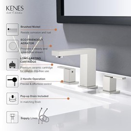 KENES Brushed Nickel Widespread Bathroom Faucet 2 Handle Bathroom Sink Faucet 3 Hole, 8-Inch 3 Pieces Vanity Faucet with Pop Up Drain & Supply Lines, KE-9050-P
