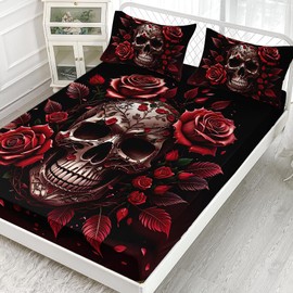 AILONEN Sugar Skull Fitted Sheet Set Queen Size,Red and Black Rose Flower Skull Bedding Set,3 Pieces Soft Floral Skeleton Fitted Sheet with 2 Pillowcases