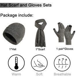 Enwokran Winter Unisex Beanie Hat Scarf Gloves Set, Elastic Knitted Hat Long Scarf Touch Screen Gloves With Thicken Fleece Inner Lining for Men and Women (Medium Gray)