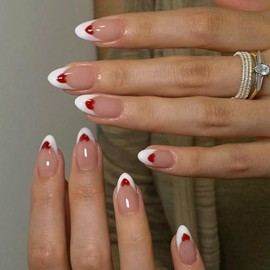 24Pcs Valentines Day Press on Nails Short Almond Fake Nails Red Heart Romantic Designs Full Cover Tip Glue on Nail Artificial Reusable White French Tip False Nails for Women Acrylic Nails Decorations