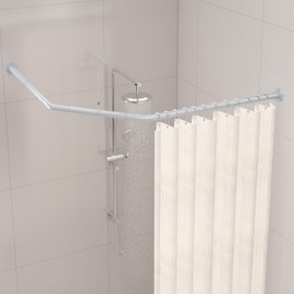 Crkmire Corner Shower Curtain Rod, Diamond Shaped [Both Sides: 22" - 34.8", Middle: 28" - 43.7"] Adjustable Bathroom Bathtub Shower Rod with 12 Hooks & Ceiling Support - Silver Gray