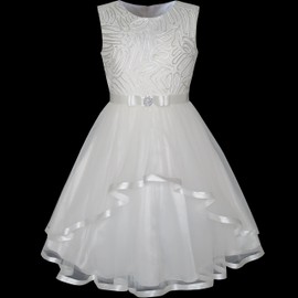 Sunny Fashion KZ65 Flower Girls Dress Off White Belted Wedding Party Bridesmaid Size 8