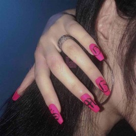 YienDoo Coffin Matte False Nails Press on Nails Rose Purple Gothic Character Medium Long Artificial Nails Full Cover Acrylic Fake Nails for Women and Girls(24Pcs)