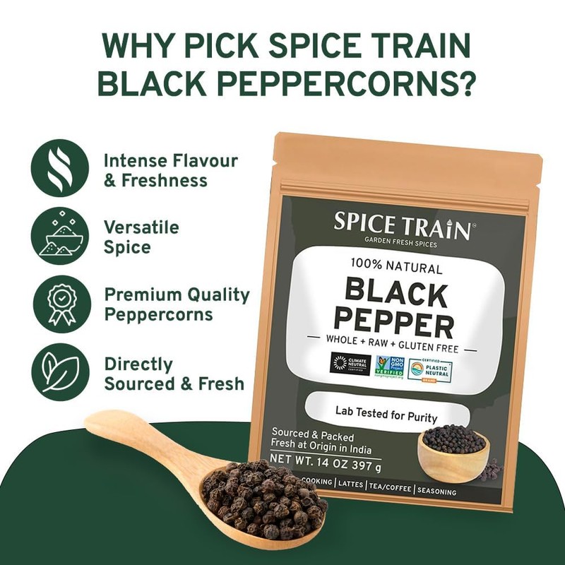SPICE TRAIN, Black Peppercorns (397g/14oz), Non-GMO, 100% Raw Black Pepper