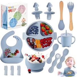 14pcs Vajillas Platos para Bebe Silicona, Set Alimentacion Complementaria Bebe, Plato para Bebe con Ventosas, Baberos Ajustable, Sin BPA, Fácil de Limpiar, Apto para Microondas(Azul)