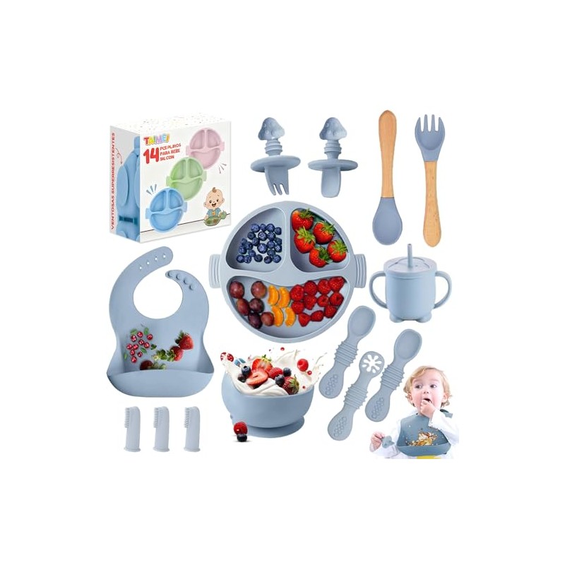14pcs Vajillas Platos para Bebe Silicona, Set Alimentacion Complementaria Bebe,