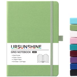URSUNSHINE Graph Grid Paper Notebook/Journal - Classic Journal/Notebook with Ribbon Divider, Hardcover with Thick Paper, 5.3" x 8.26", Banded + Pen Holder +Inner Pocket - Light Green