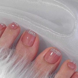 Square Press on Toenails Pink Fake Toenails with Glitter Design French Tip Fake Nails Acrylic Summer Toe Nails for Women Artificial Glossy Toe Nail 24Pcs