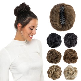 Yamel Messy Bun Hair Pieces for Women Claw Clip Hair Bun Extension Ash Brown Tousled Space Updo Synthetic Donut Curly Scrunchie