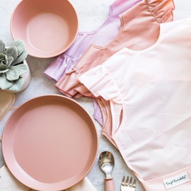 Tiny Twinkle Mess Proof Baby Bib - Waterproof Baby Apron - Machine Washable - PVC, BPA, & Phthalate Free - Great Travel Bib for Baby Eating - Baby Food Bibs (Rose, Small 6-24 Months)