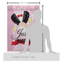 Breeze Decor Just Married House Flag Pack Celebration Wedding Marriage Bride Groom Mrs Occasion Anniversary Party Vintage Applique Banner Small Garden Yard Gift Double-Sided, Made in USA